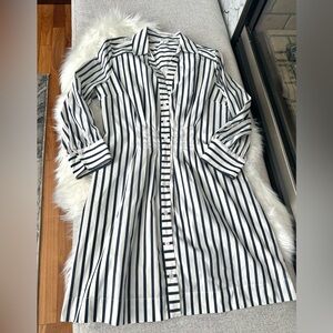 A-Line Veronica Beard Cinched Waist Button Up Striped Long Sleeve Blouse Dress